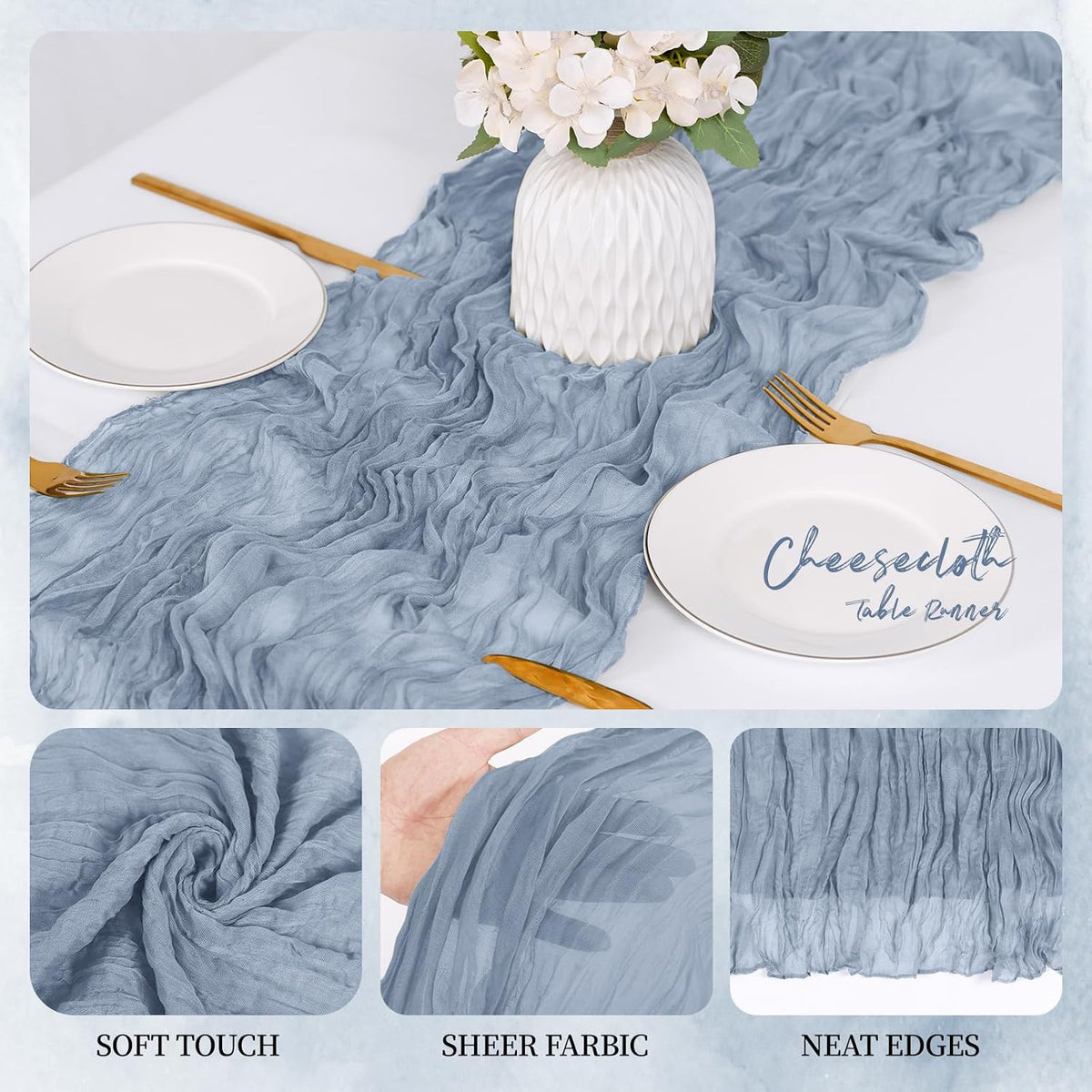 12 Pack Dusty Blue Cheesecloth Table Runner 17x108 Inch Semi Sheer Boho Gauze Cheese Cloth Fabric Table Runners, for Wedding Party Baby Shower Birthday Home Decor Garden Farmhouse