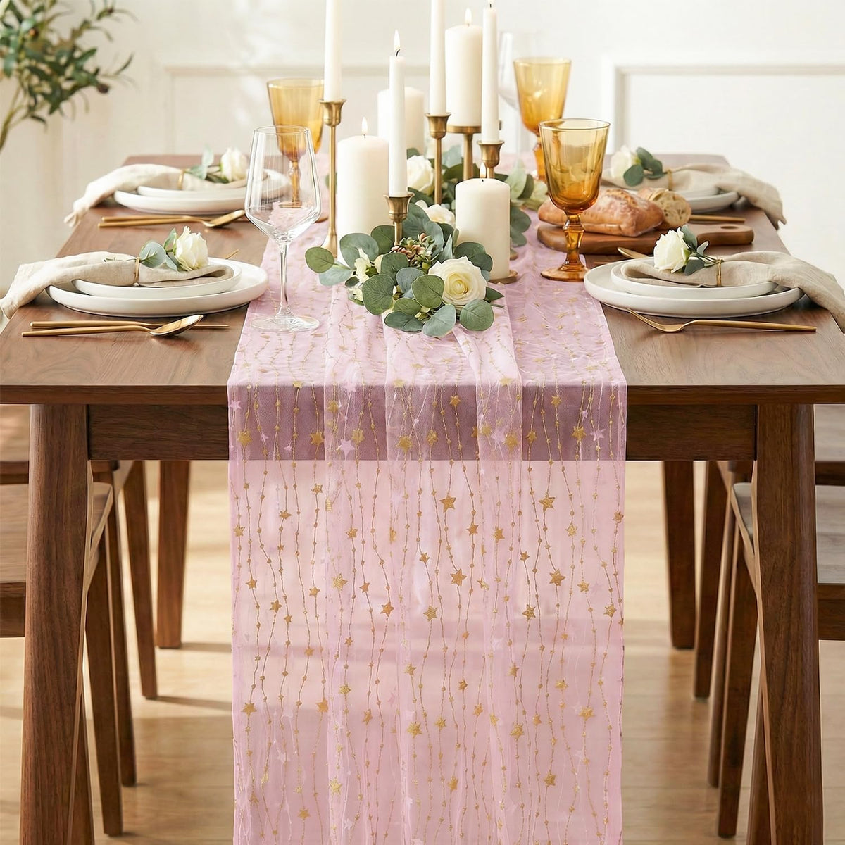 Artoid Mode Stars Pink Gauze Table Runner 10FT, Glitter Metallic Foil Sheer Dining Wedding Anniversary Holiday Birthday Table Decor for Home Party