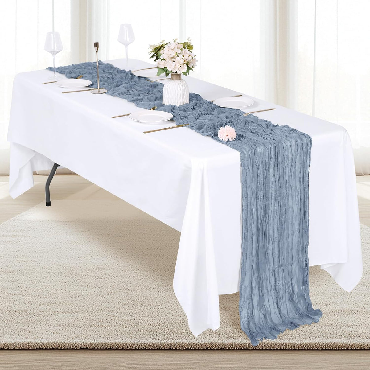 12 Pack Dusty Blue Cheesecloth Table Runner 17x108 Inch Semi Sheer Boho Gauze Cheese Cloth Fabric Table Runners, for Wedding Party Baby Shower Birthday Home Decor Garden Farmhouse