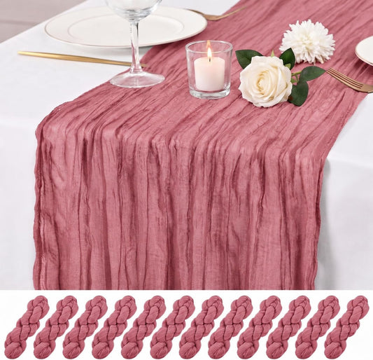 12 Pack Dusty Rose Cheesecloth Table Runner 17x108 Inch Boho Rustic Semi Sheer Gauze Cheese Cloth Table Runner for Wedding Bridal Shower Baby Shower Party Farmhouse Dining Table Decor