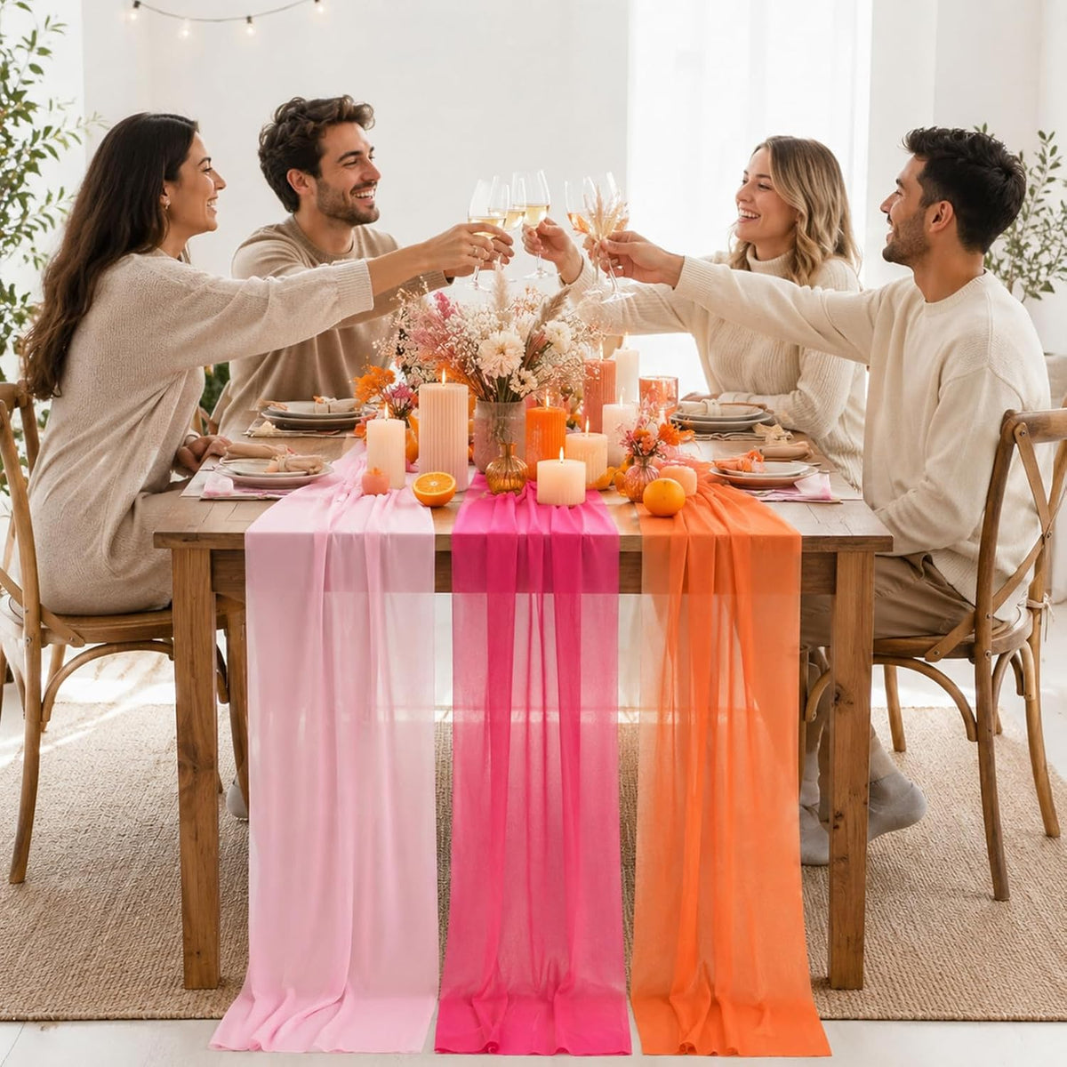 6Pcs Pink Red Orange Party Decor Table Runner Set 12 X 118in Boho Hot Pink Red Orange Fabric Tablecloth Sunset Party Table Covers for Wedding Bridal Shower Birthday Dawn Sunset Grad Parties Supplies