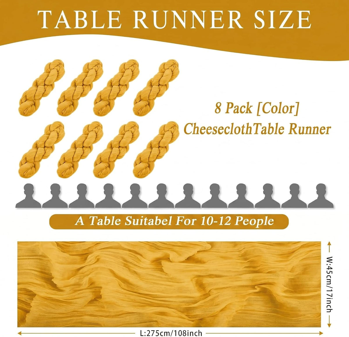 8 Pack Gold Cheesecloth Table Runner 17x108 inch Boho Gauze Cheese Cloth Table Runners for Wedding Party Baby Bridal Shower Home Decor