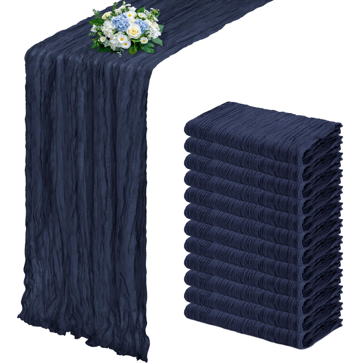 12 Pack Dusty Blue Cheesecloth Table Runner 17x108 Inch Semi Sheer Boho Gauze Cheese Cloth Fabric Table Runners, for Wedding Party Baby Shower Birthday Home Decor Garden Farmhouse