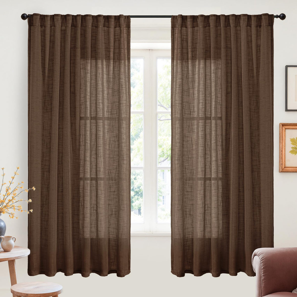 YoungsTex Linen Semi Sheer Curtains 72 Inch Length, Light Filtering Drapes