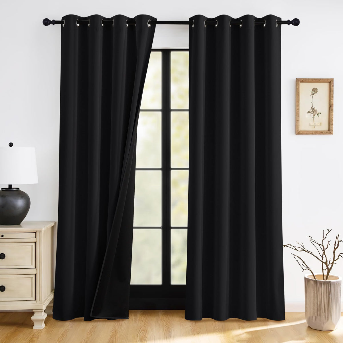 RYB HOME 100% Blackout Black Curtains for Bedroom Living Room 84 inch Long