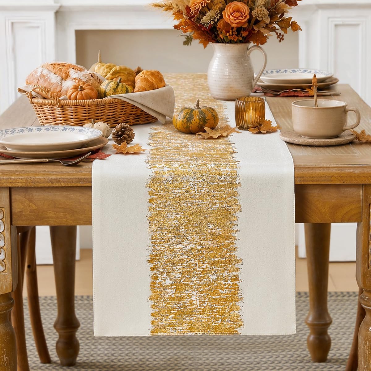 Metallic Style Gold Fall Table Runner, Table Runners 72 Inches Long