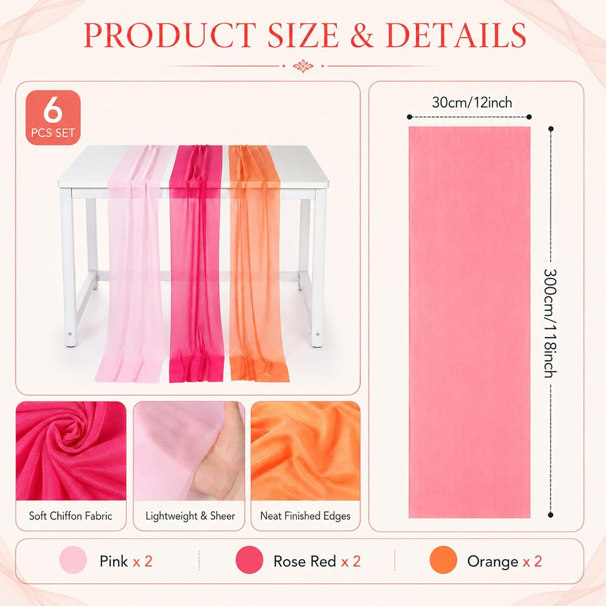 6Pcs Pink Red Orange Party Decor Table Runner Set 12 X 118in Boho Hot Pink Red Orange Fabric Tablecloth Sunset Party Table Covers for Wedding Bridal Shower Birthday Dawn Sunset Grad Parties Supplies