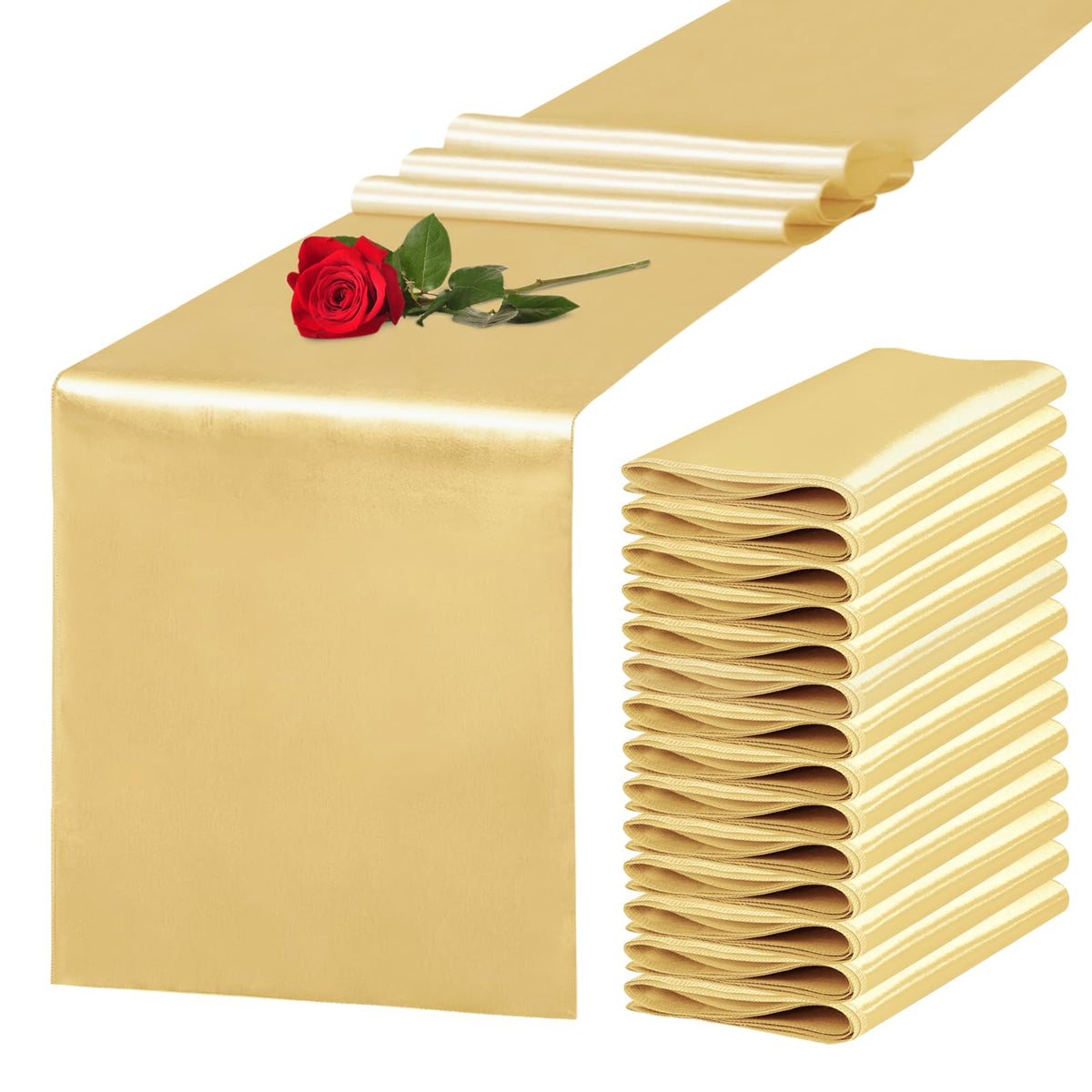 10 Pack Satin Table Runner 12 x 108 Inch Long Light Gold Silk Table Runner for Wedding Party Banquet Birthday Decoration