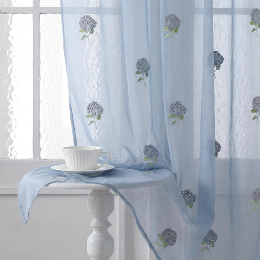 Tegeme 2 Panels Dusty Blue Hydrangea Sheer Curtains for Bedroom 84 Inch