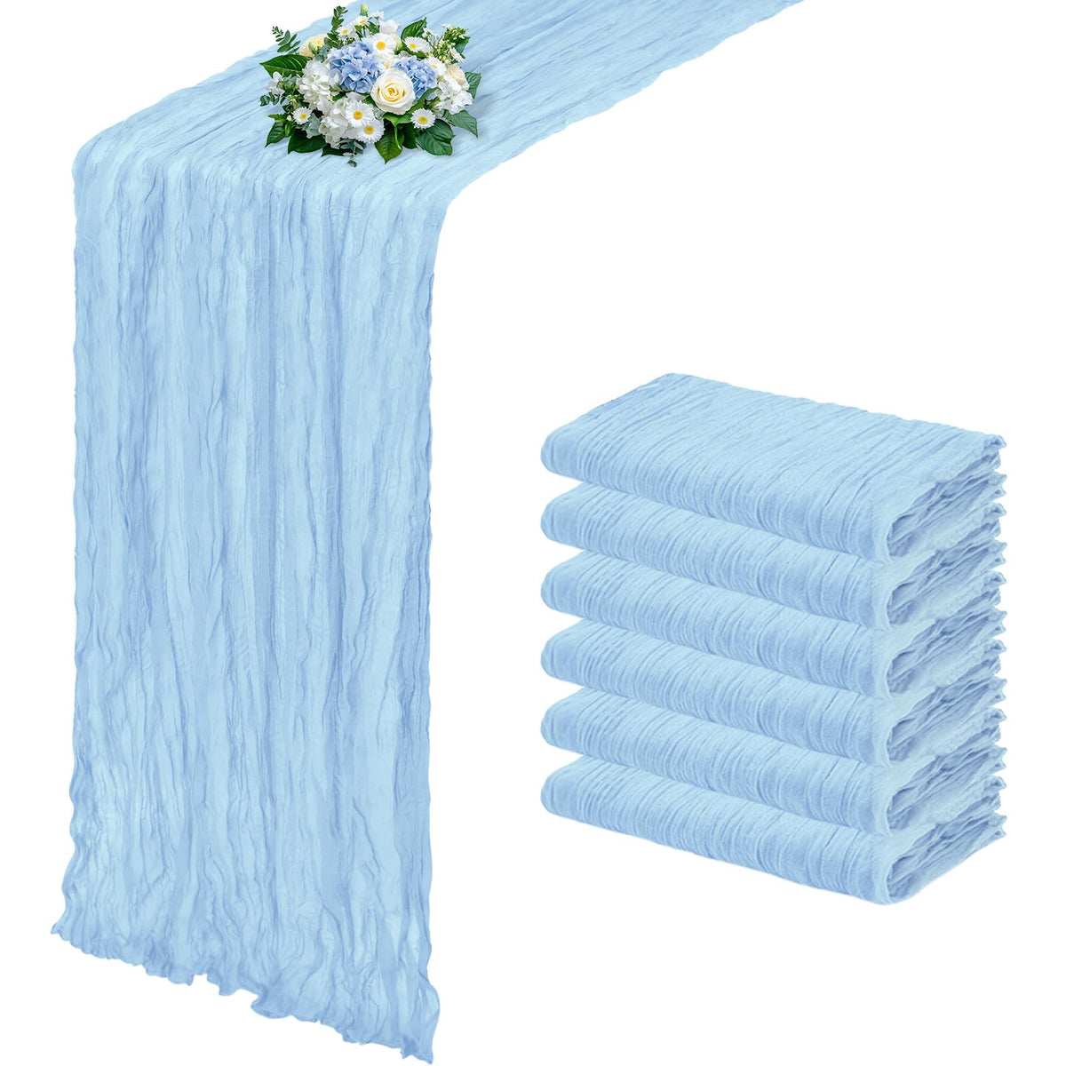12 Pack Dusty Blue Cheesecloth Table Runner 17x108 Inch Semi Sheer Boho Gauze Cheese Cloth Fabric Table Runners, for Wedding Party Baby Shower Birthday Home Decor Garden Farmhouse