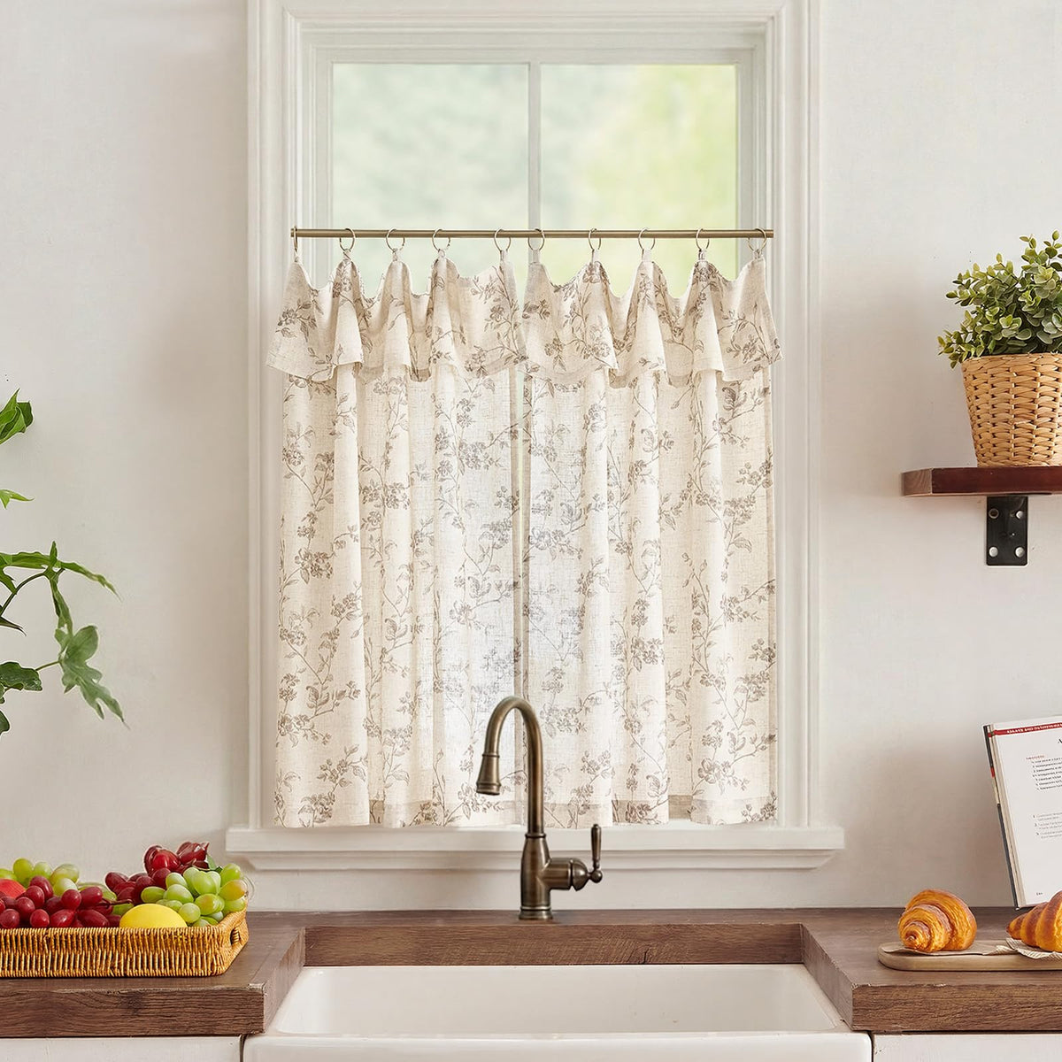 jinchan Floral Linen Kitchen Tier Curtains, 36 Inch, 2 Panels, Green