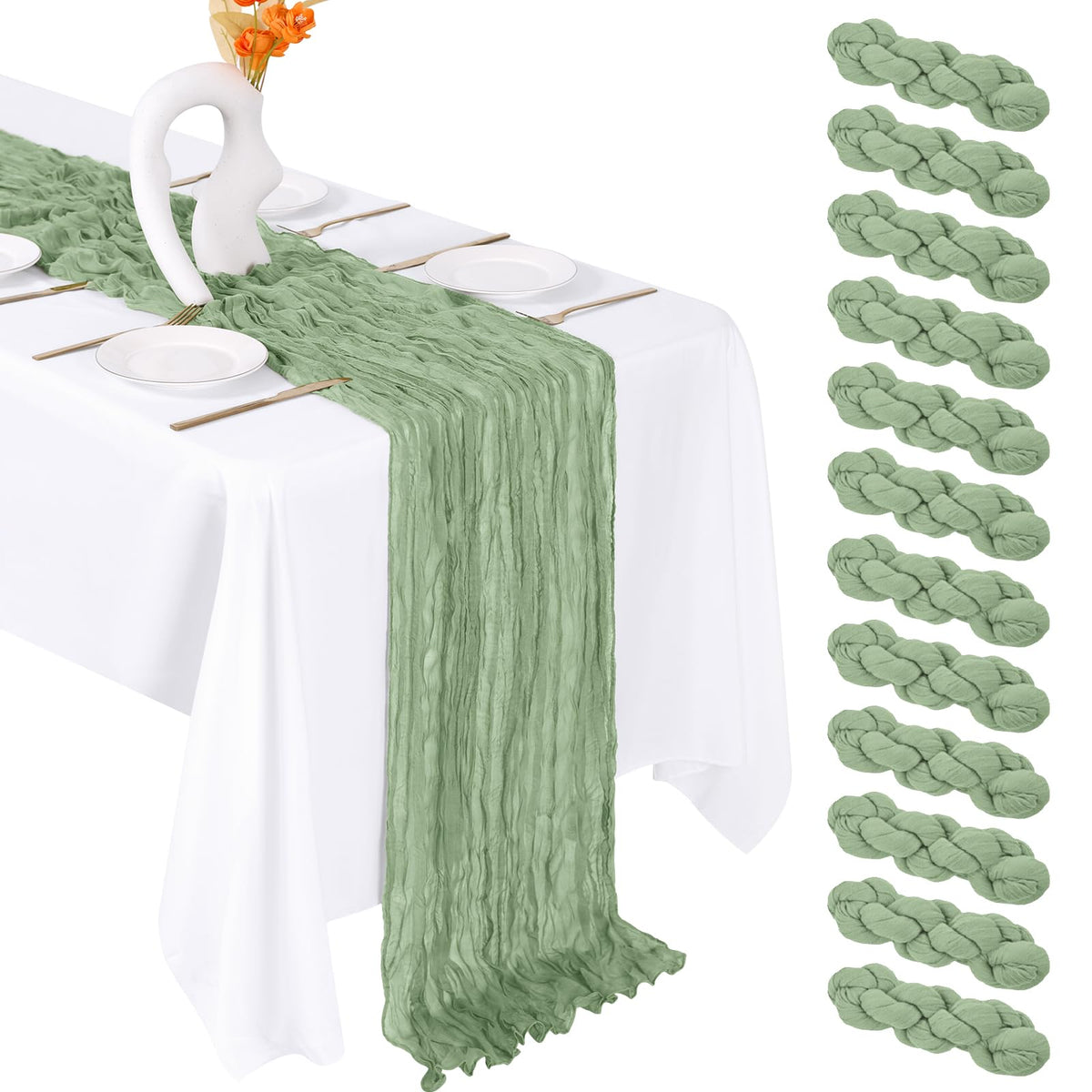 12 Pack Emerald Green Cheesecloth Table Runner 20 x 120 Inch Gauze Table Runner Fabric Semi Sheer Cheese Cloth Table Decor Bulk for Rustic Romantic Wedding Baby Shower Party Table Decoration