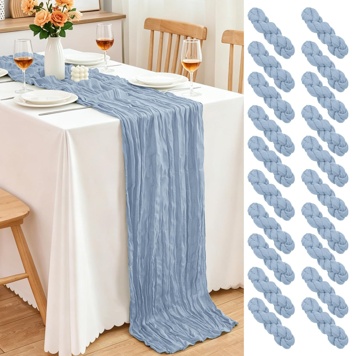 10 Pack Dusty Blue Cheesecloth Table Runner, 17x108 Inch Semi Sheer Boho Gauze Cheese Cloth Fabric Table Runners for Wedding Party Baby Shower Birthday Garden Farmhouse Table Decor