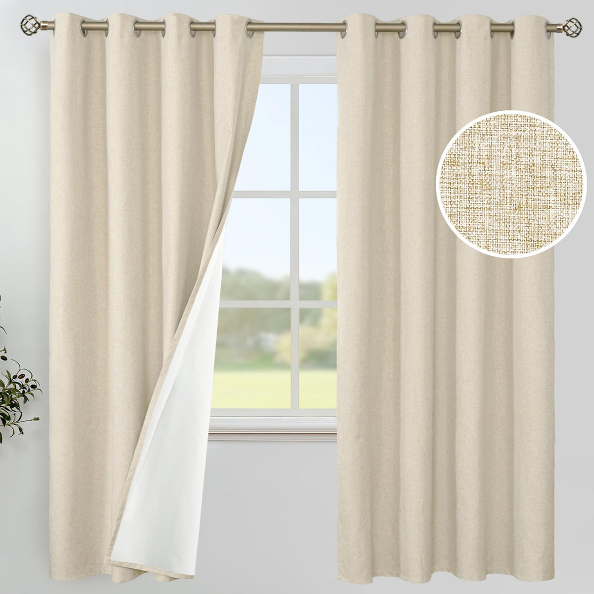 YoungsTex White Linen Blackout Curtains 63 Inch Length for Bedroom 2 Panels