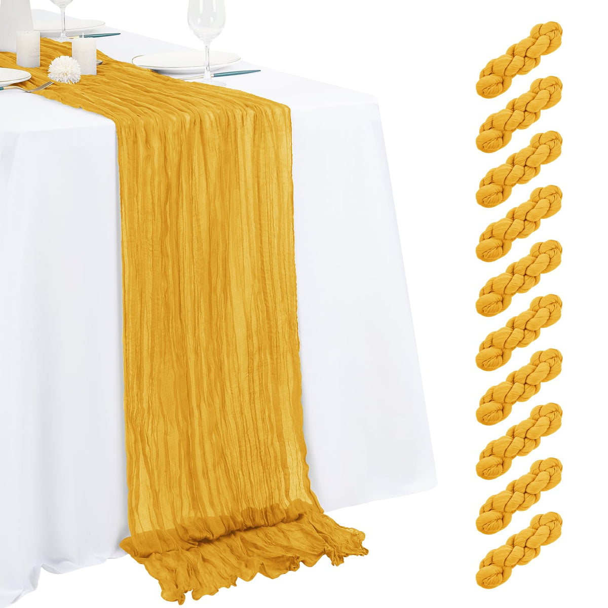 10 Pack Beige Cheesecloth Table Runner 17x108 Inch Semi Sheer Boho Gauze Cheese Cloth Table Runners, for Wedding Bridal Shower Birthday Party Home Decor Garden Farmhouse