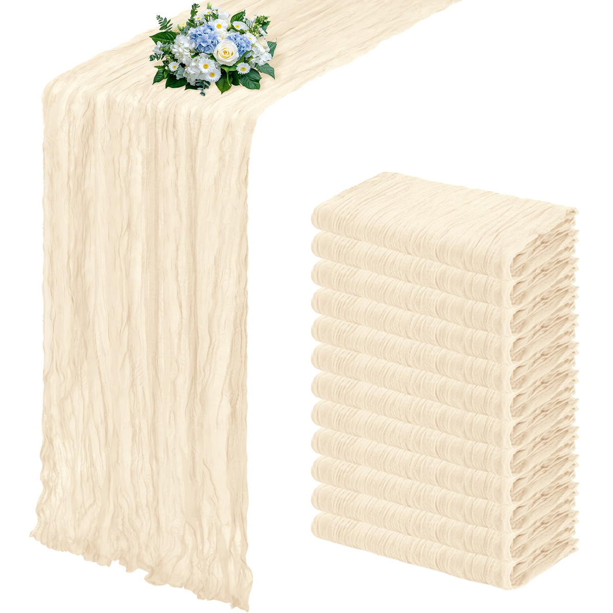 12 Pack Dusty Blue Cheesecloth Table Runner 17x108 Inch Semi Sheer Boho Gauze Cheese Cloth Fabric Table Runners, for Wedding Party Baby Shower Birthday Home Decor Garden Farmhouse