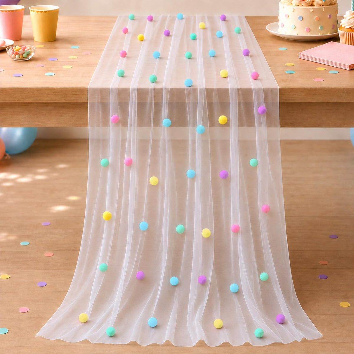 Rainbow Polka Dot Tulle Table Runner 10 Ft 3D Confetti Cheesecloth