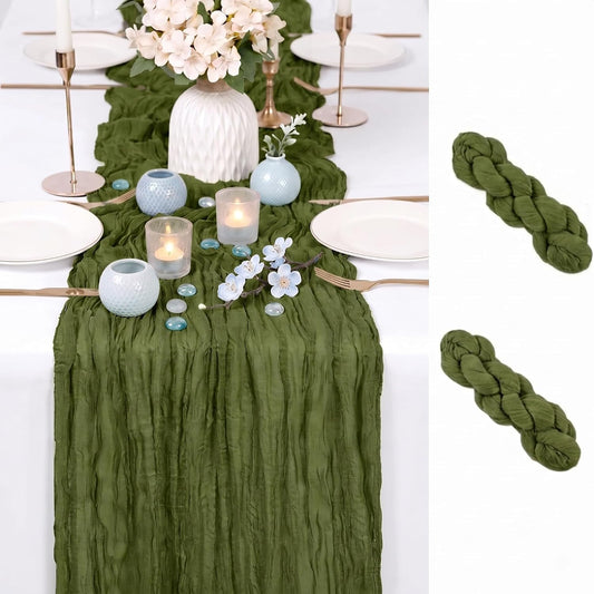 2 Pack Olive Green Cheesecloth Table Runner 17x108 Inch Boho Rustic Semi Sheer Gauze Cheese Cloth Table Runner for Wedding Bridal Shower Baby Shower Party Farmhouse Dining Table Decor