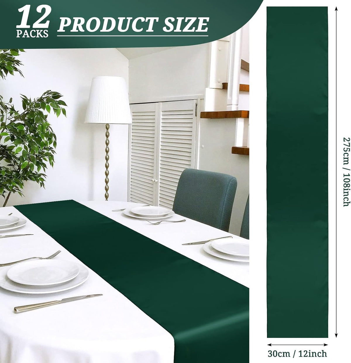 12 Pack Emerald Green Satin Table Runner 12 x 108 Inch Long Premium Table Runners for Wedding Party Events Decoration, Birthday Parties, Banquets Decorations, Graduations, Engagements
