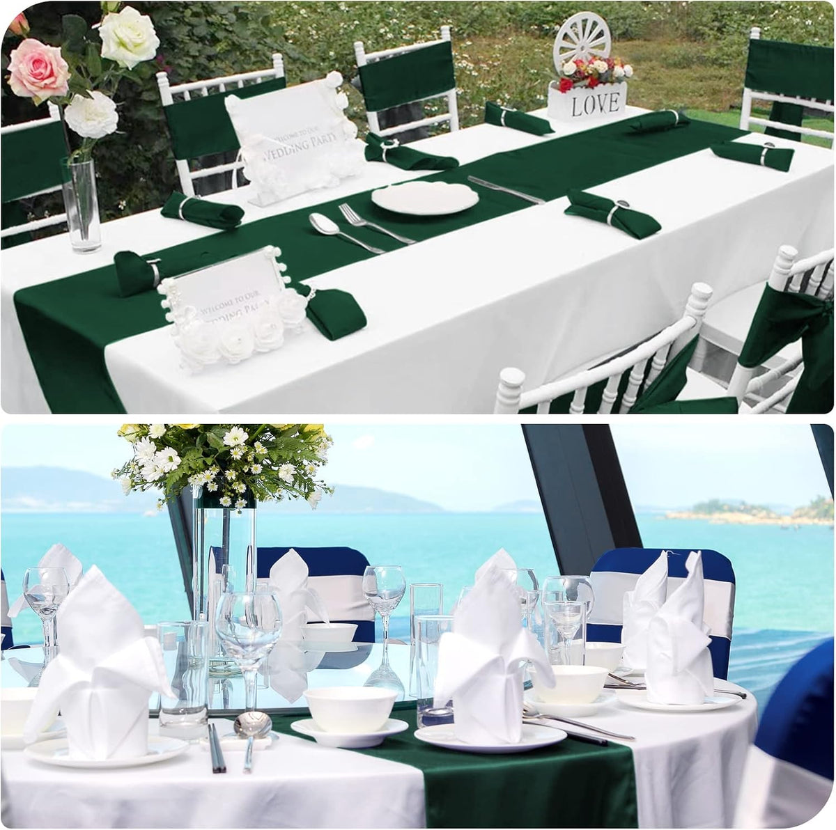 12 Pack Emerald Green Satin Table Runner 12 x 108 Inch Long Premium Table Runners for Wedding Party Events Decoration, Birthday Parties, Banquets Decorations, Graduations, Engagements