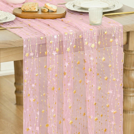 Artoid Mode Stars Pink Gauze Table Runner 10FT, Glitter Metallic Foil Sheer Dining Wedding Anniversary Holiday Birthday Table Decor for Home Party
