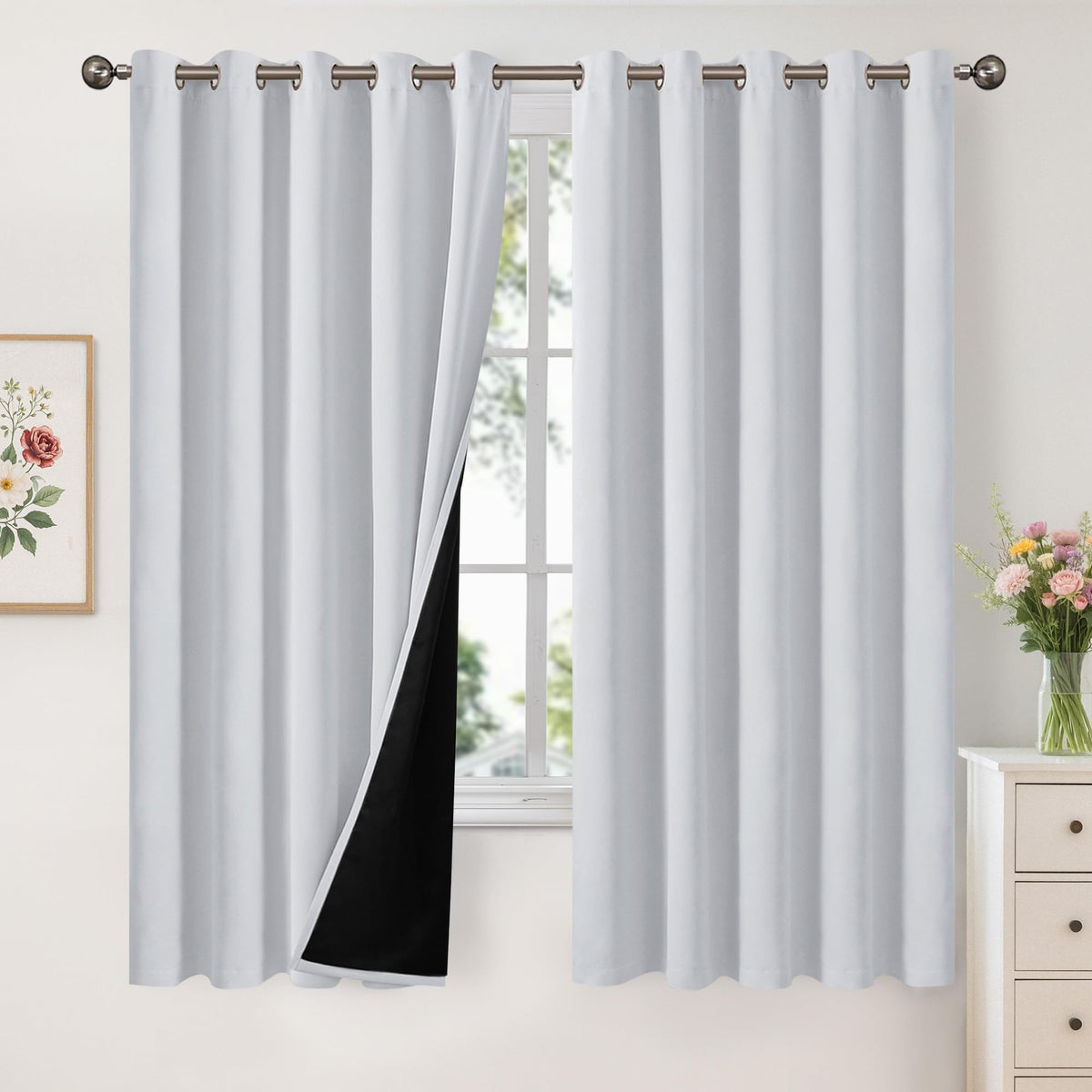 YoungsTex White Linen Blackout Curtains 63 Inch Length for Bedroom 2 Panels