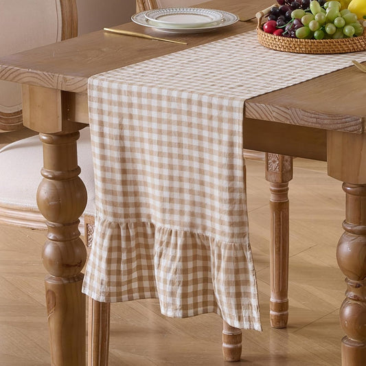 Plaid Gingham Ruffle Table Runner, Taupe 13" x 72" Cotton