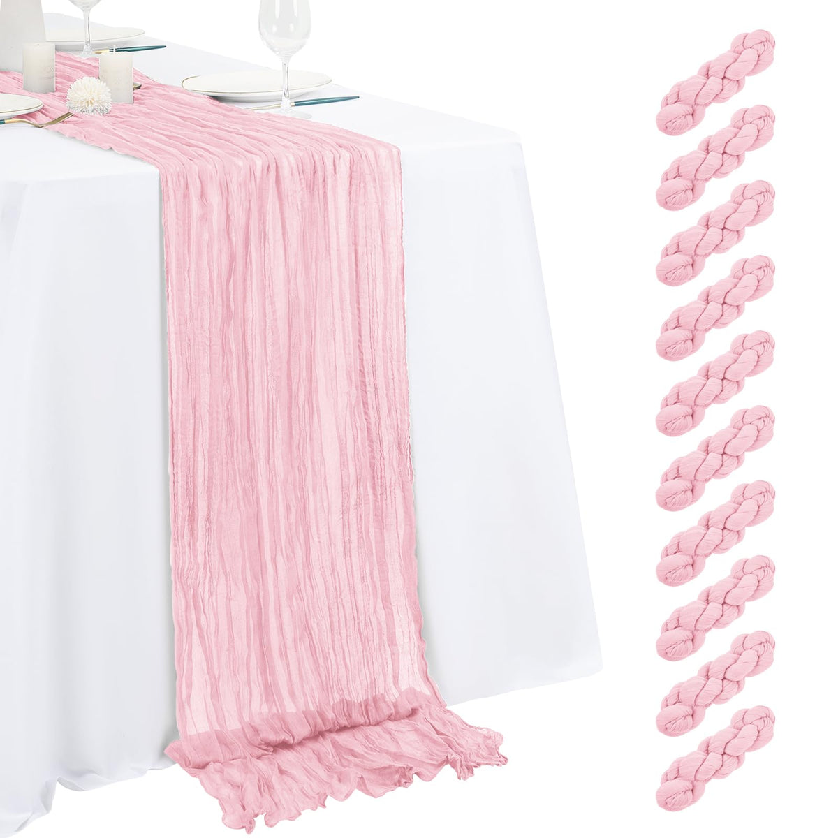 10 Pack Beige Cheesecloth Table Runner 17x108 Inch Semi Sheer Boho Gauze Cheese Cloth Table Runners, for Wedding Bridal Shower Birthday Party Home Decor Garden Farmhouse