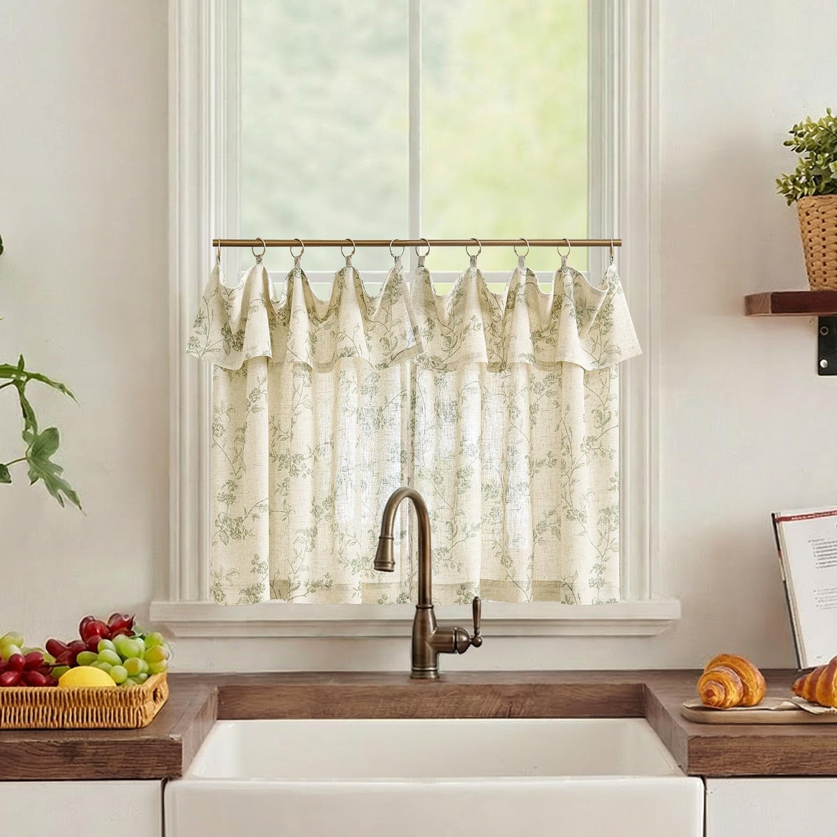 jinchan Floral Linen Kitchen Tier Curtains, 36 Inch, 2 Panels, Green