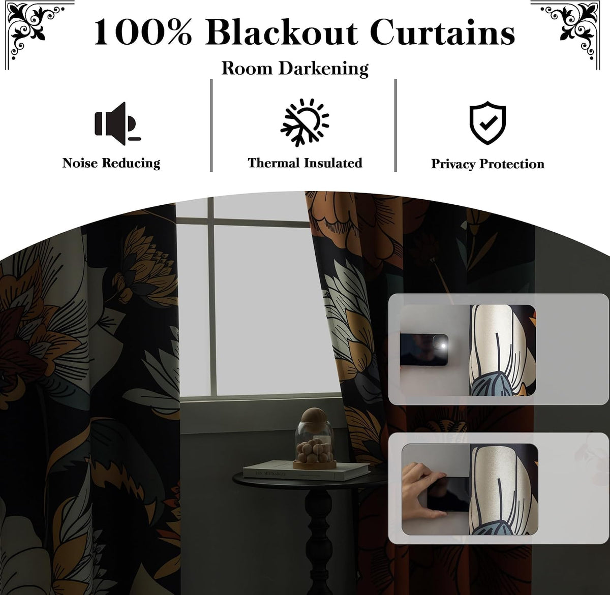 Tyrot Black Boho Floral Grommet Blackout Curtains, 52W x 84L, 2 Panels