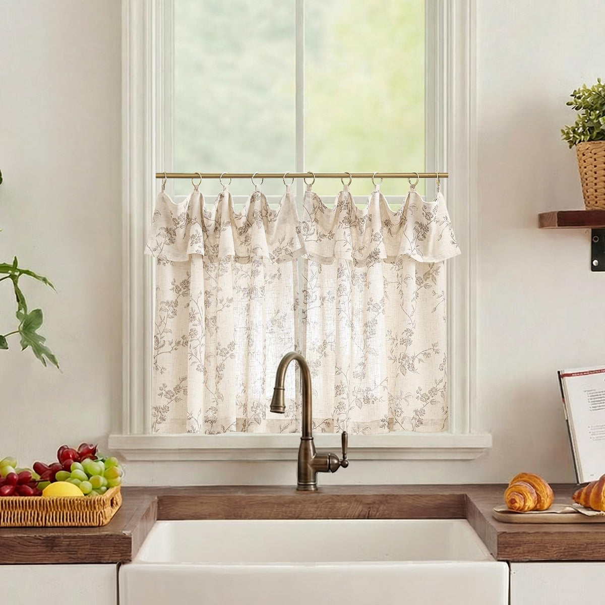 jinchan Floral Linen Kitchen Tier Curtains, 36 Inch, 2 Panels, Green