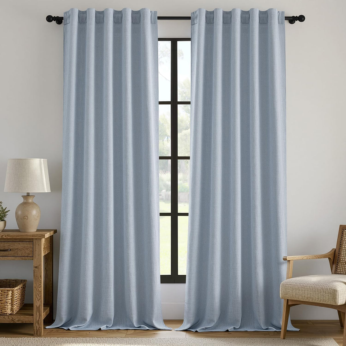 MIULEE Thick Linen Curtains 96 Inches Long Light Blue Semi Sheer for Farmhouse/Living Room/Bedroom, Linen Textured Light Filtering Window Privacy Drapes with Back Tab Rod Pocket, 42Wx96L, Set of 2