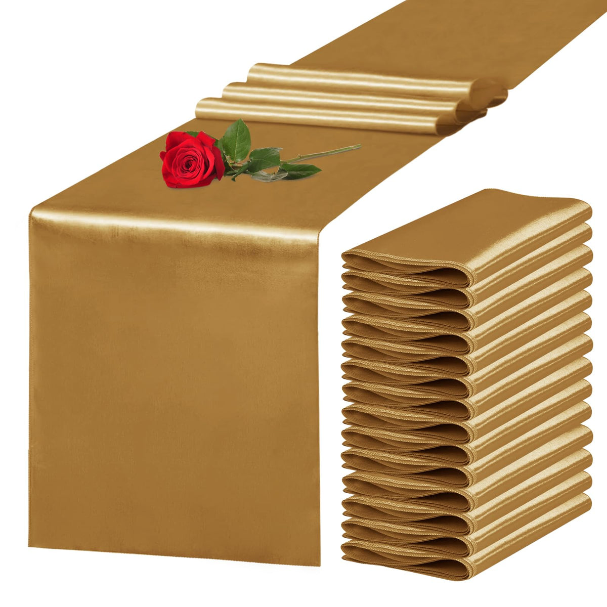 10 Pack Satin Table Runner 12 x 108 Inch Long Light Gold Silk Table Runner for Wedding Party Banquet Birthday Decoration