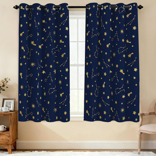 Navy Blue Stars Curtains for Bedroom 63 in Long 2 Panels, Constellation Patterned Curtains for Living Room Decorative Curtain, Modern Stars Window Drapes, Chrismas Decoration for Winter