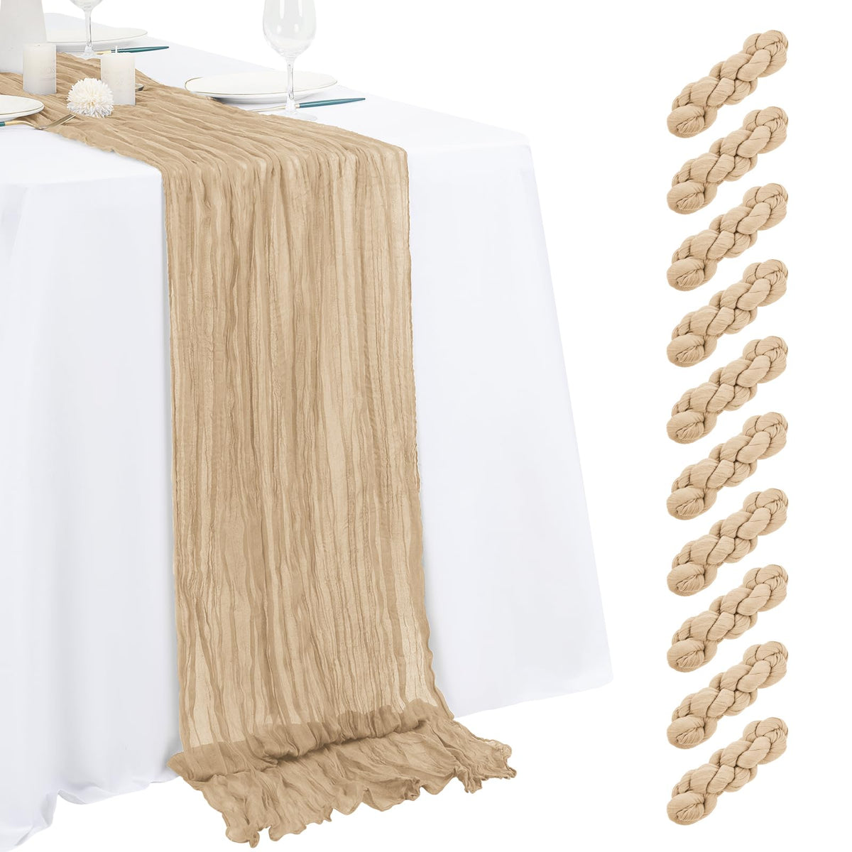 10 Pack Beige Cheesecloth Table Runner 17x108 Inch Semi Sheer Boho Gauze Cheese Cloth Table Runners, for Wedding Bridal Shower Birthday Party Home Decor Garden Farmhouse