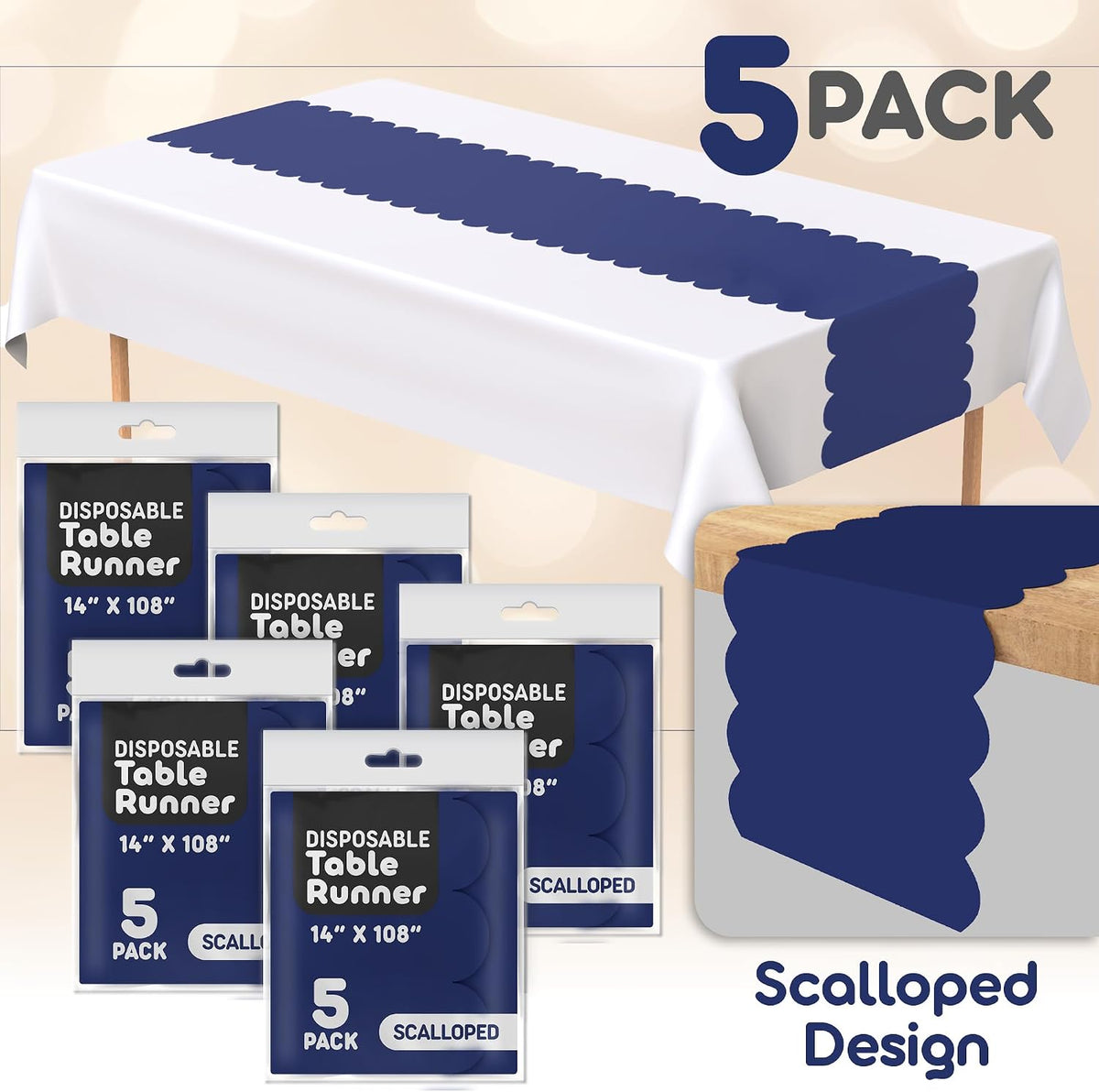 Navy Blue Scallop Table Runner, Disposable Plastic, 5 Pack, 14x108in