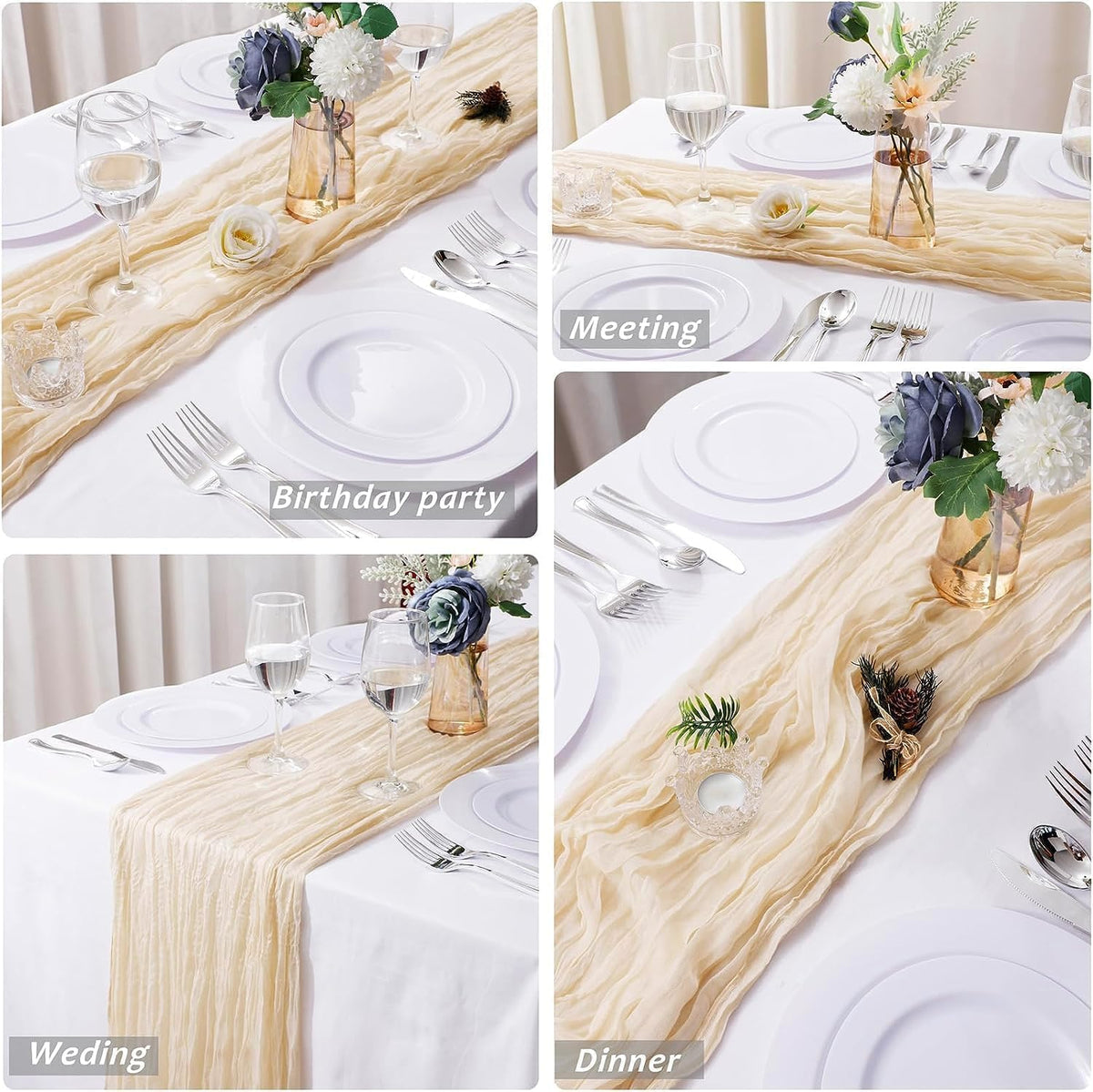 12 Pack Beige Cheesecloth Table Runner, 35x120 Inch Summer Gauze Cheese Cloth Table Runners 10 FT Beige Table Runner for Wedding Baby Shower Birthday Party Table Decors