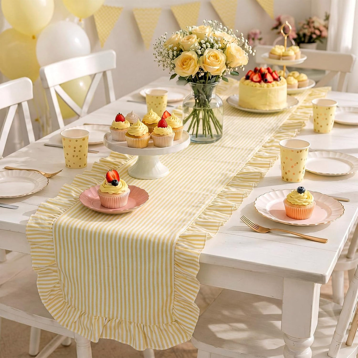 Ruffled Table Runner, Vertical Stripe Yellow, Natural Cotton