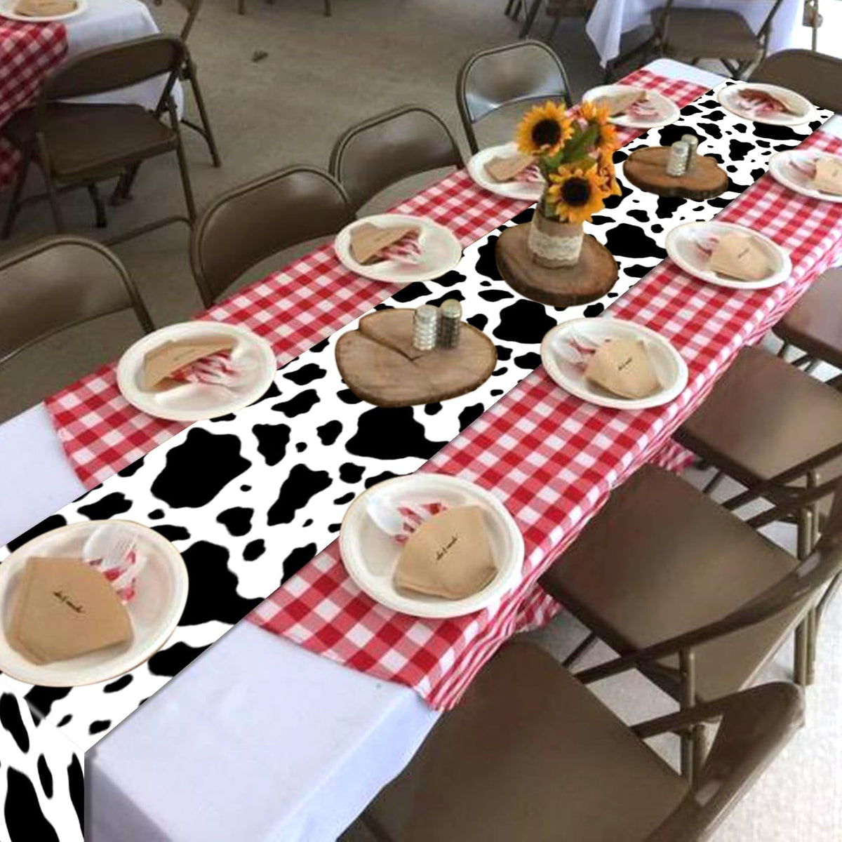 6 Pcs Cow Print Table Runner, 14 x 108 in Black and White Cow Table Runner Farm Western Tablecloth for Birthday Western Barnyard Home Kitchen Decorations