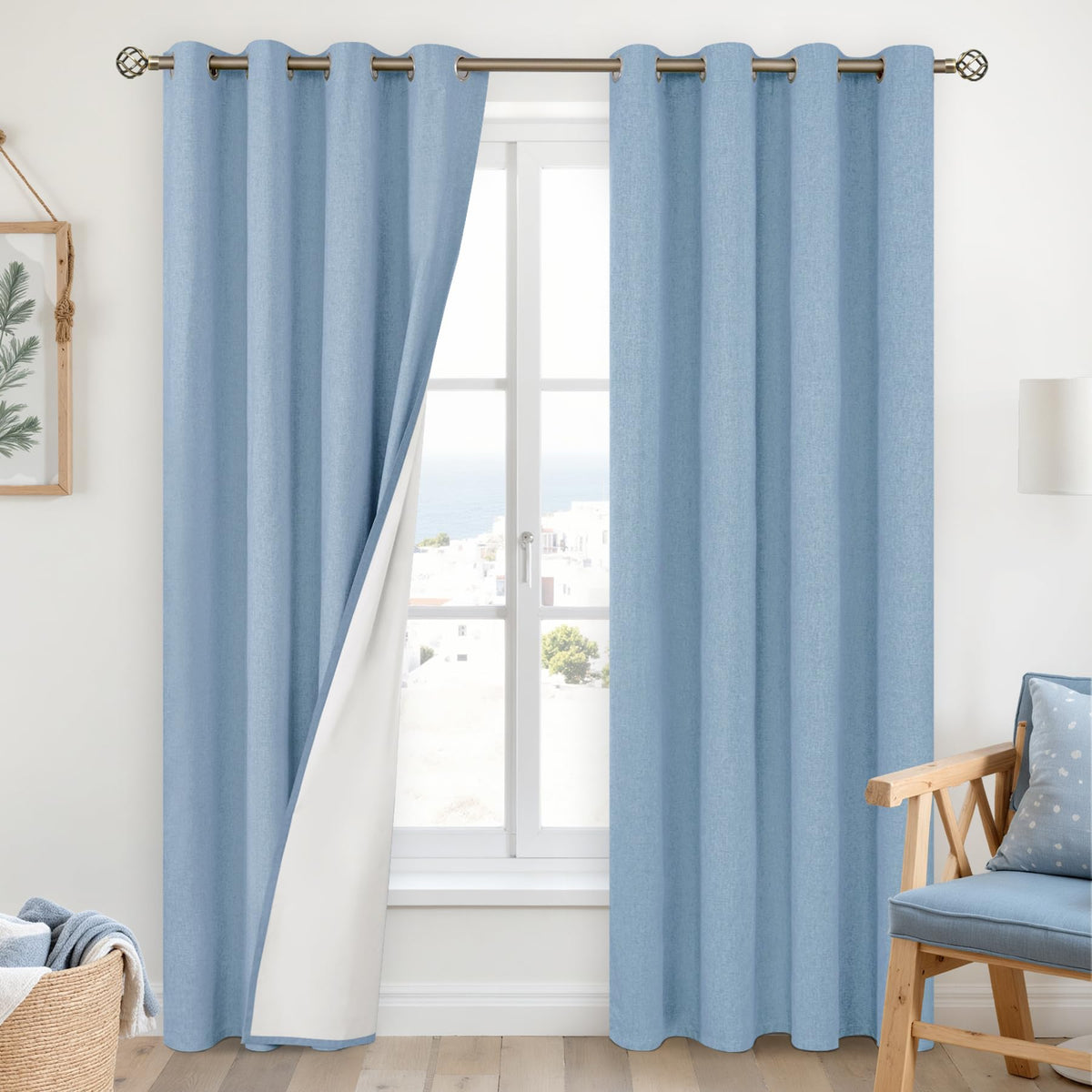 YoungsTex White Linen Blackout Curtains 63 Inch Length for Bedroom 2 Panels