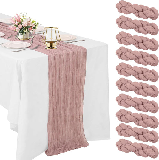10 Pack Dusty Pink Cheesecloth Table Runner 6FT Boho Gauze Fabric Table Runner Vintage Rustic Sheer Runners for Wedding Party Bridal Baby Shower Long Table Decorations