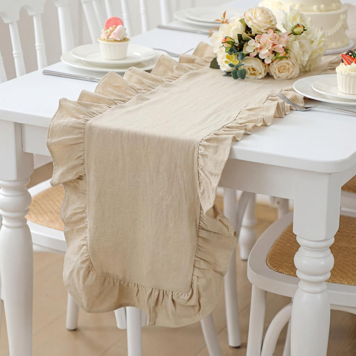 Ruffled Table Runner, Vertical Stripe Yellow, Natural Cotton