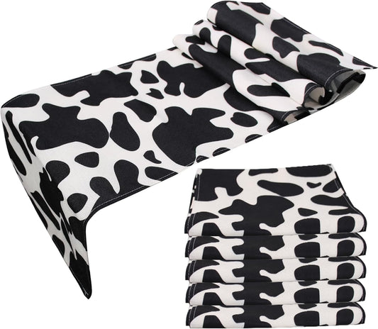 5 Pcs Linen Cow Print Table Runner Black and White Farm Cow Print Tablecloth Western Barnyard Cowboy Themed Table Cloths for Birthday Party Decorations Home Kitchen Supplies ( 13 x 72 in)