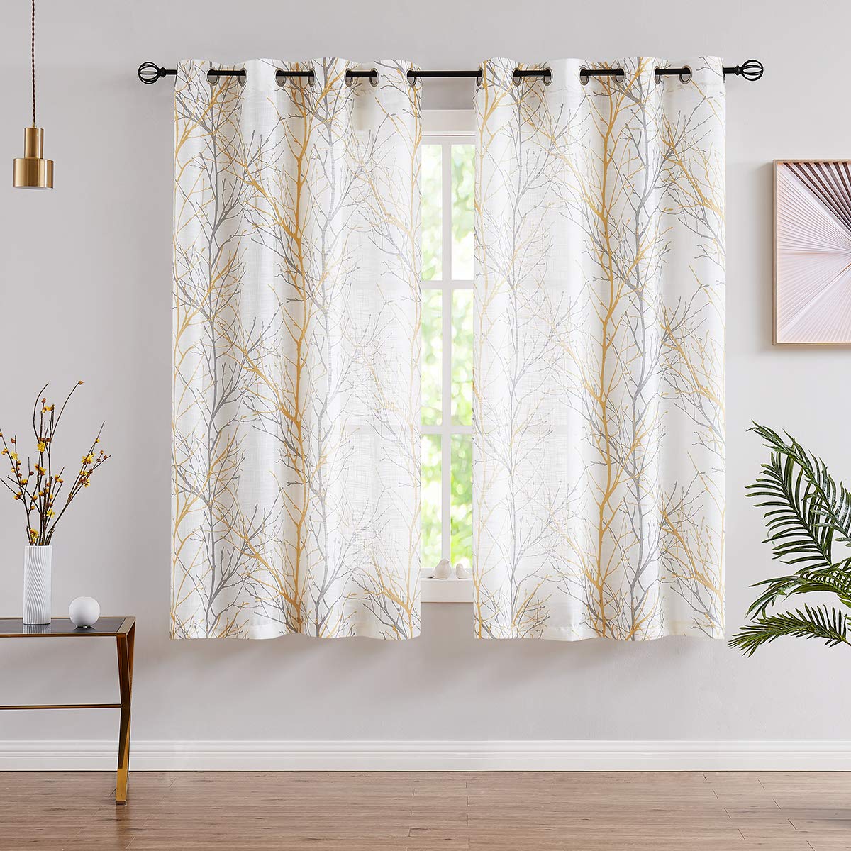 FMFUNCTEX Linen Blue White Semi Sheer Print Curtains 84 Inch Long 2 Panels