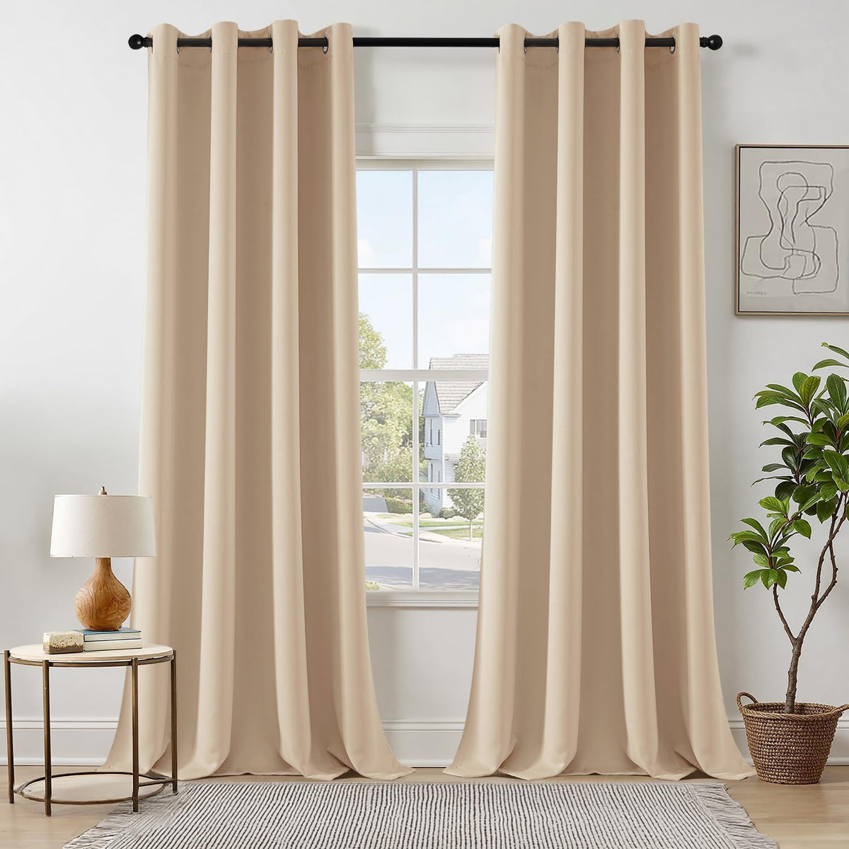 MIULEE Beige Blackout Bedroom Curtains 63 Inch Long Light Blocking