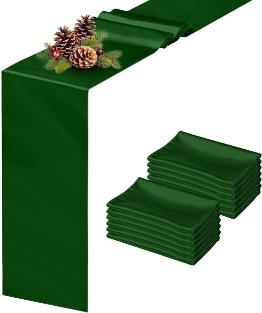4 Pack Dark Green Satin Table Runner 12 x 108 Inch Reusable Seamless Design