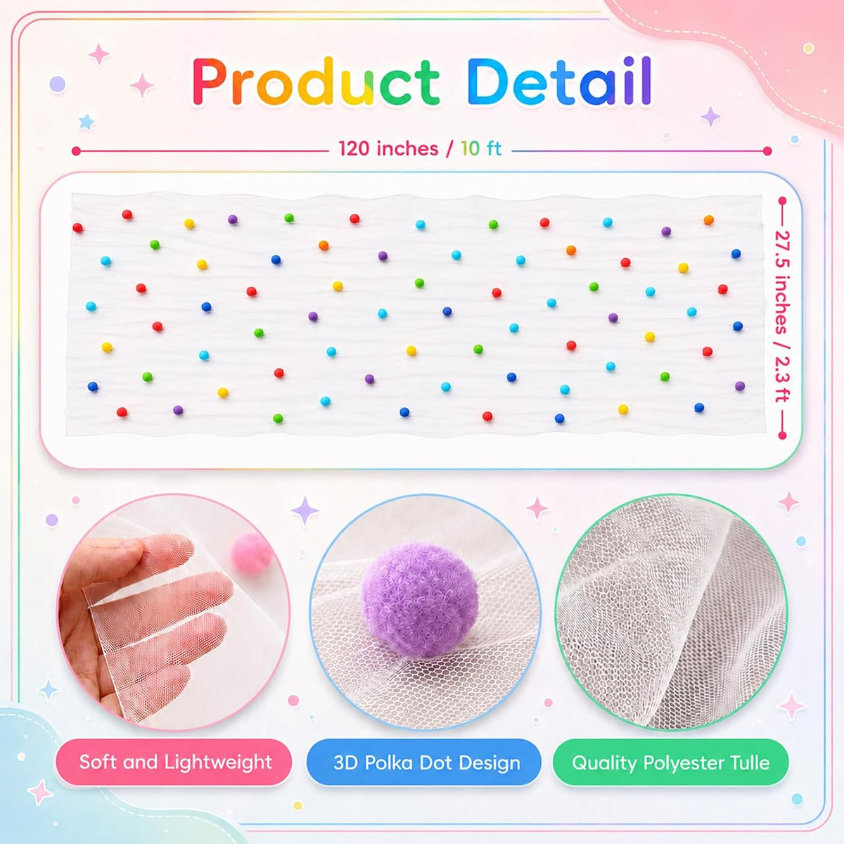 Rainbow Polka Dot Tulle Table Runner 10 Ft 3D Confetti Cheesecloth