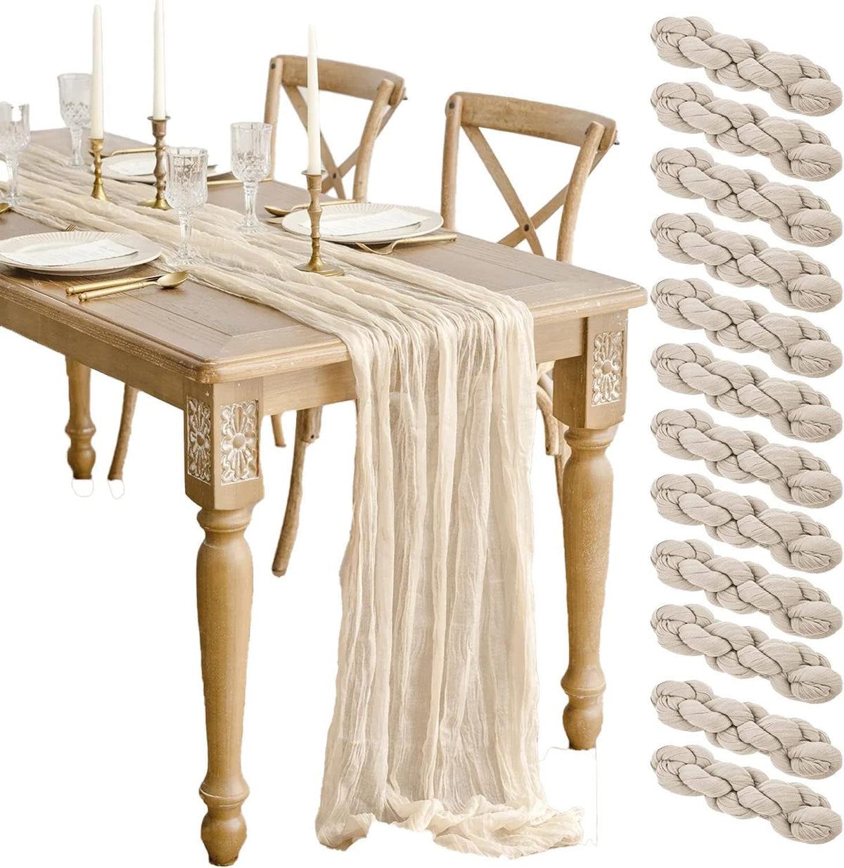 12 Pack Beige Cheesecloth Table Runner 10ft Boho Gauze Cheese Cloth Table Runner Rustic Sheer Runner 120 inch Long for Christmas Wedding Bridal Baby Shower Birthday Table Decorations