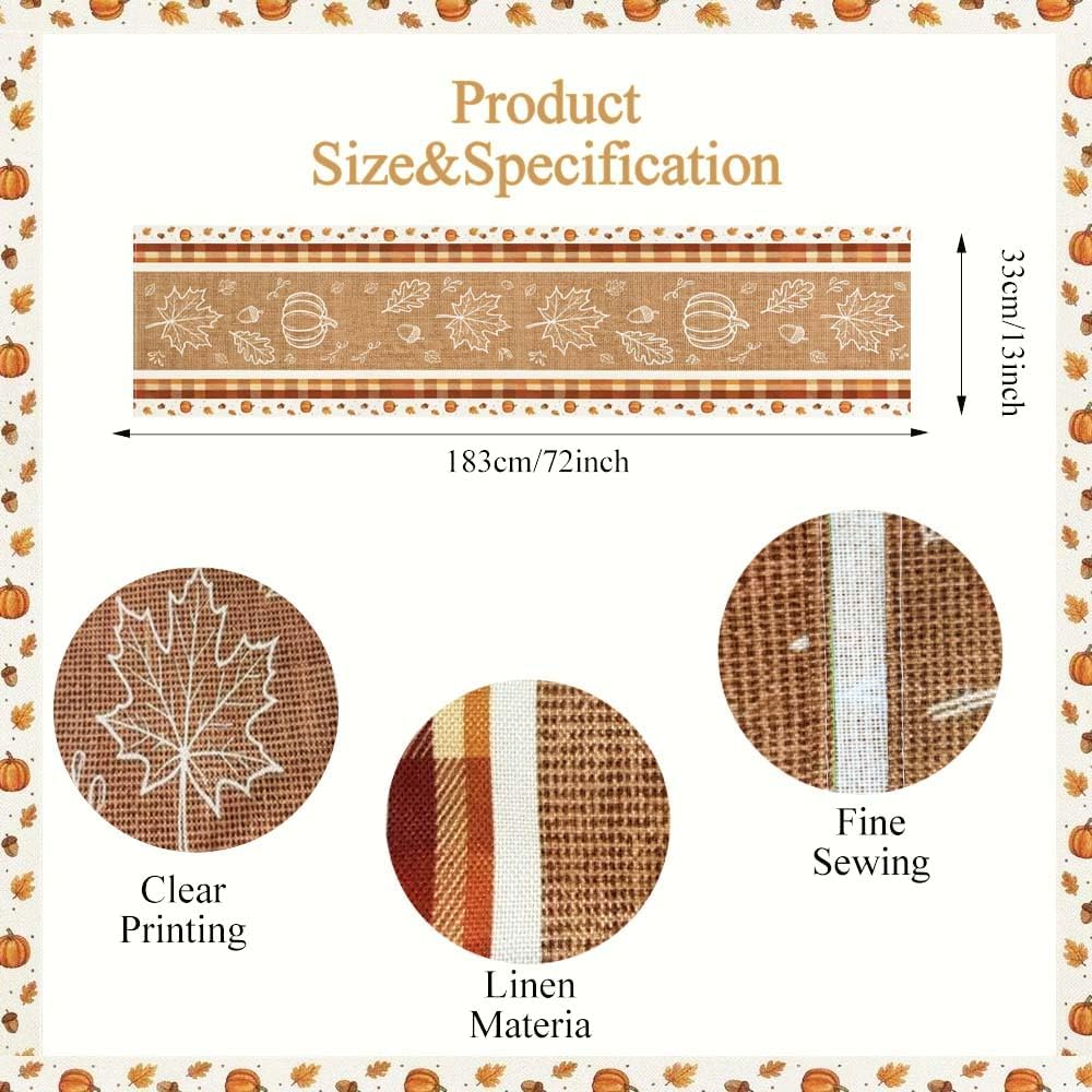 Fall Thanksgiving Table Runner, 13 x 72 Inch Autumn Pumpkins Tablecloth