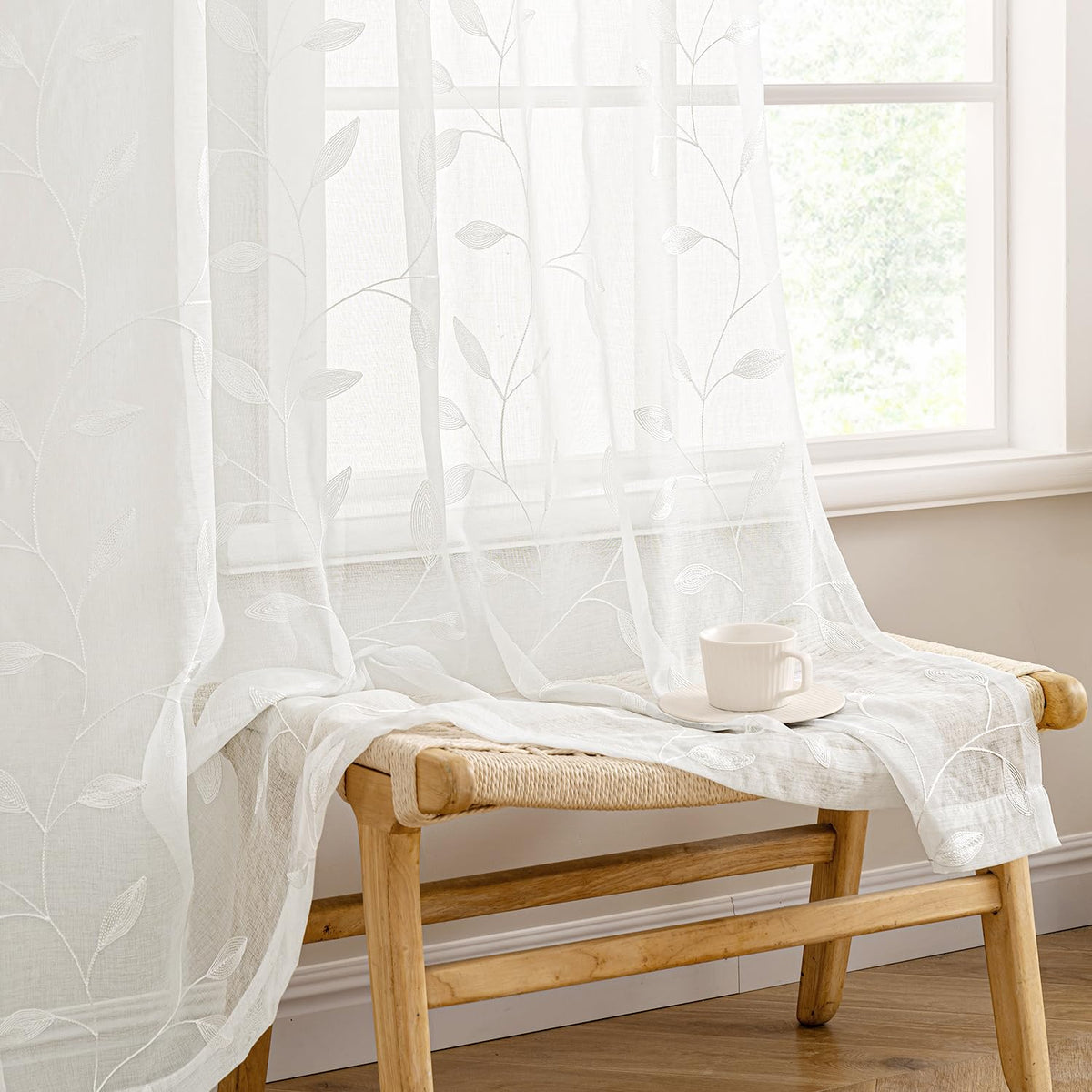 MIULEE Sage Green Sheer Curtains 2 Panels Leaf Patterned, W52 x L84
